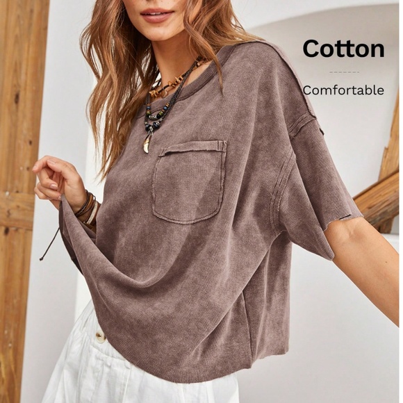 Coffee Brown Cotton Oversized Tee Shirt Raw Hem and Inside Out Stitches - Picture 1 of 9